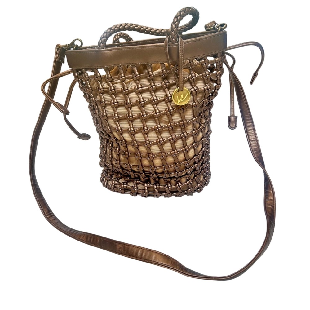 Liz Claiborne Woven Bucket Bag Metallic Bronze Round Handle Crossbody Strap